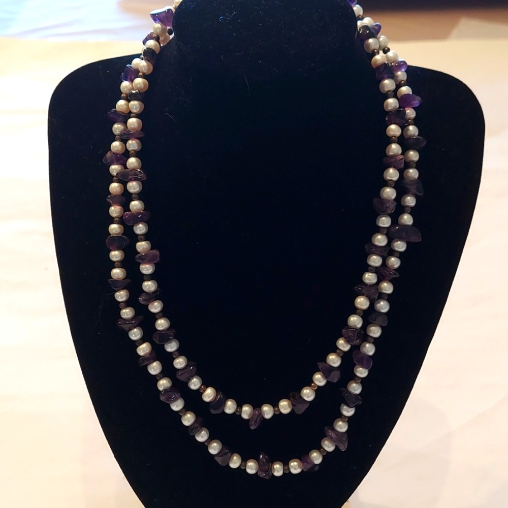 Pearl and amethyst two tier necklace